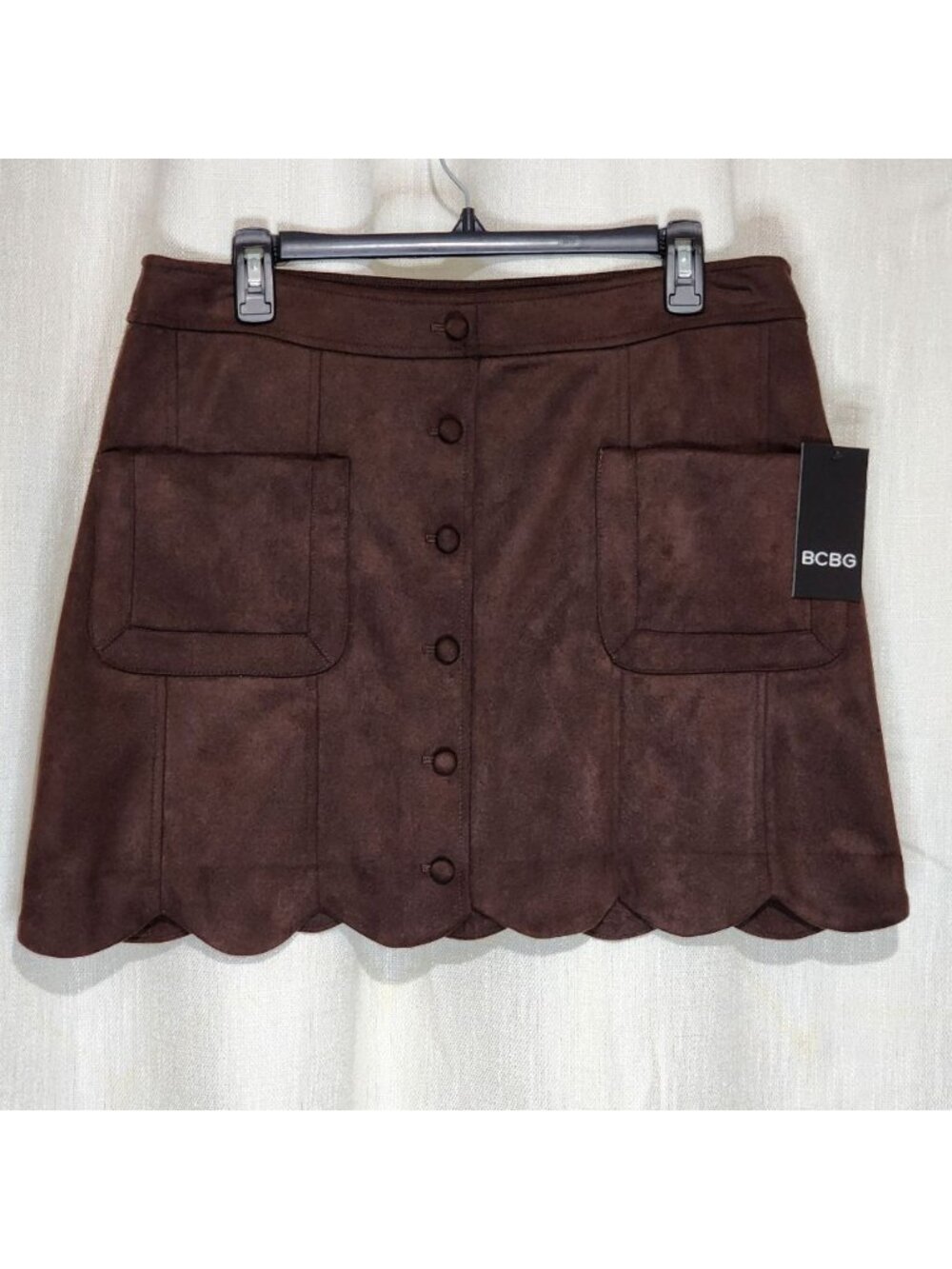 BCBG Women's Mini Skirt Tulip Hem Patch Pocket Side Zip Lined Brown Size 12 NWT